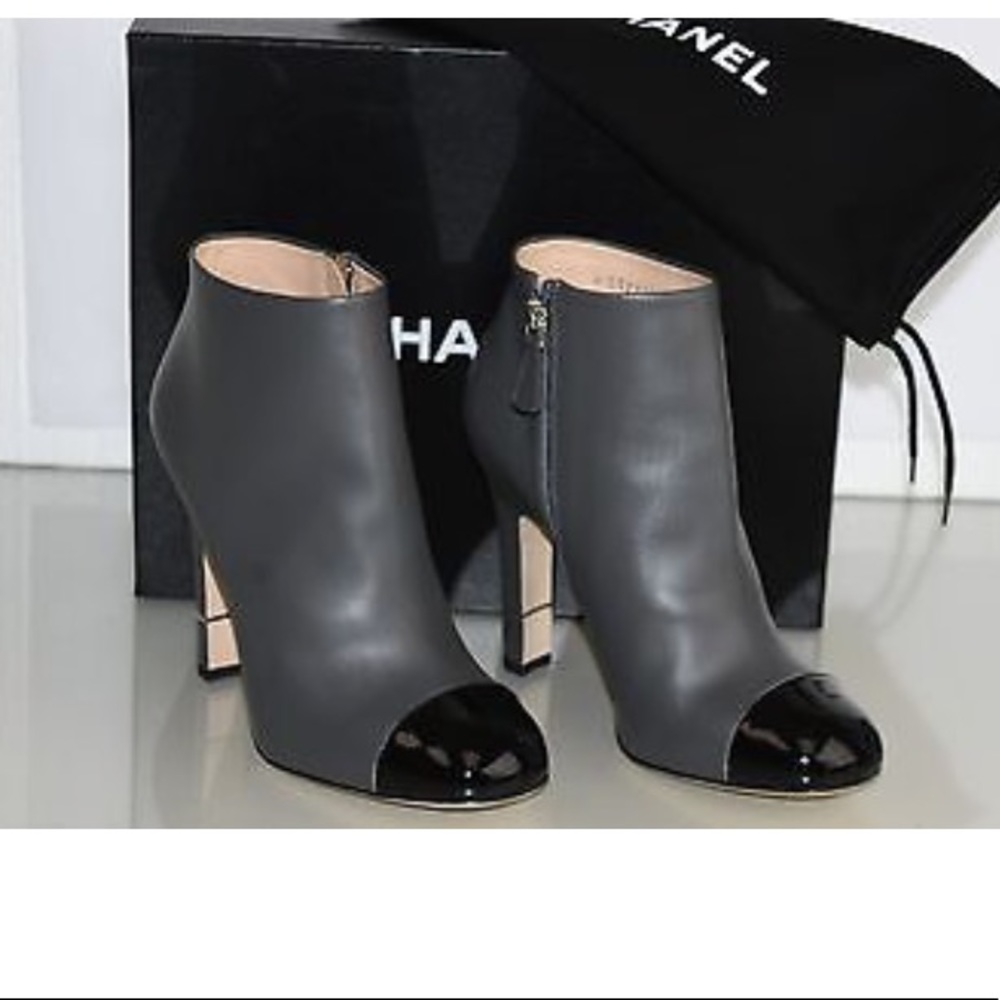 Chanel grey leather ankle boot